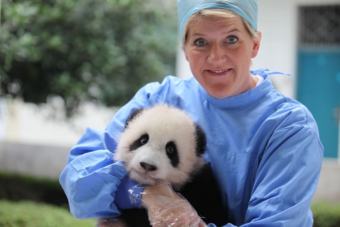 Clare Balding holding a panda cub in Operation Wild - Image Credit: BBC/Helen Quinn