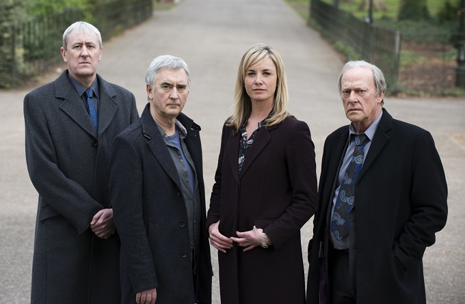 The New Tricks series 11 lead cast and charcters: Dan Griffin (NICHOLAS LYNDHURST), Steve McAndrew (DENIS LAWSON), DCI Sacha Miller (TAMZIN OUTHWAITE) and Gerry Standing (DENNIS WATERMAN) - Image Credit: BBC/Wall to Wall Media/Amanda Searle