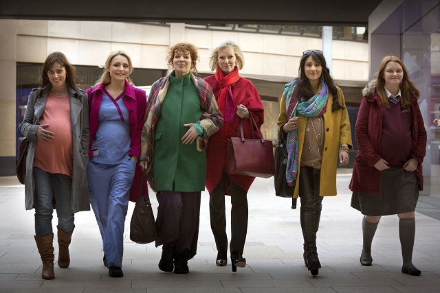 Lead cast of BBC1's In the Club from left to right: Diane (JILL HALFPENNY), Vicky (CHRISTINE BOTTOMLEY), Kim (KATHERINE PARKINSON), Roanna (HERMIONE NORRIS), Jasmin (TAJ ATWAL) and Rosie (HANNAH MIDGLEY) - Image Credit: BBC/Rollem Productions