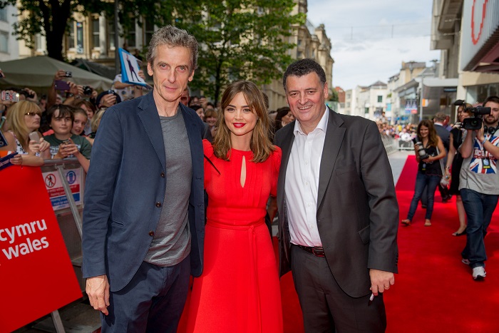 The Doctor (PETER CAPALDI), Clara (JENNA COLEMAN) with lead writer Steven Moffat - Image Credit: BBC/Guy Levy