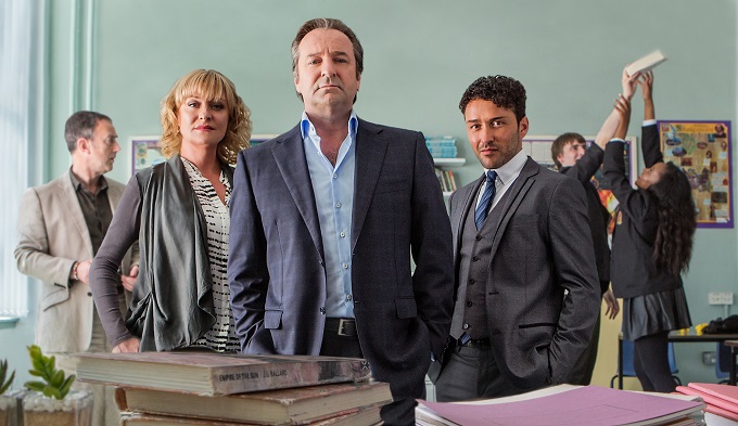 Waterloo Road 2014 Cast, Series 10: George Windsor (ANGUS DEAYTON), Christine Mulgrew (LAURIE BRETT), Vaughan Fitzgerald (NEIL PEARSON) and Simon Lowsley (RICHARD MYLAN) - Image Credit: BBC/Headstrong Pictures (WR) Limited/Michele Dillon